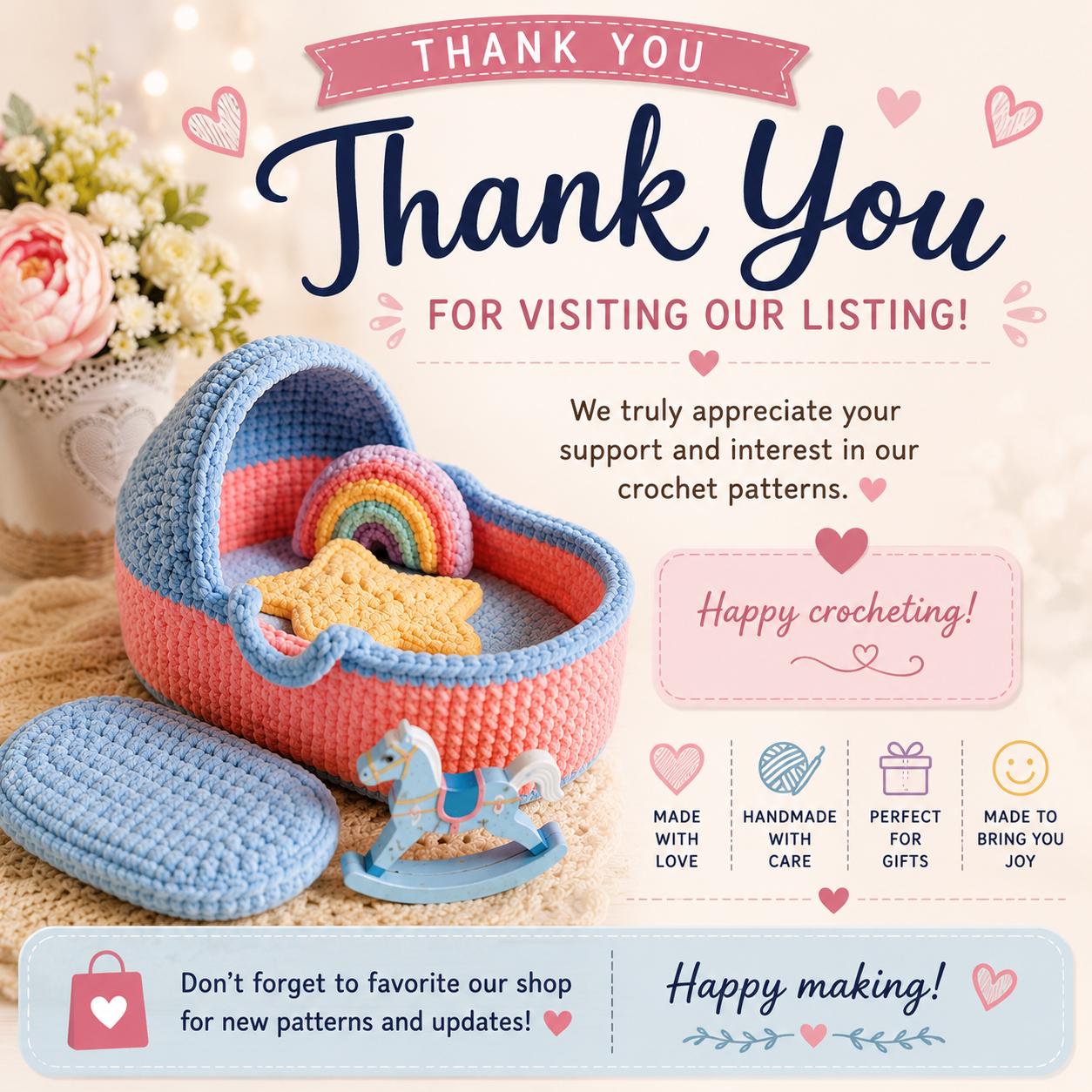 Baby Cradle Crochet Pattern PDF, Doll Bassinet Crochet Pattern, Amigurumi Baby Basket, Mini Cradle with Mattress Pillow Blanke.