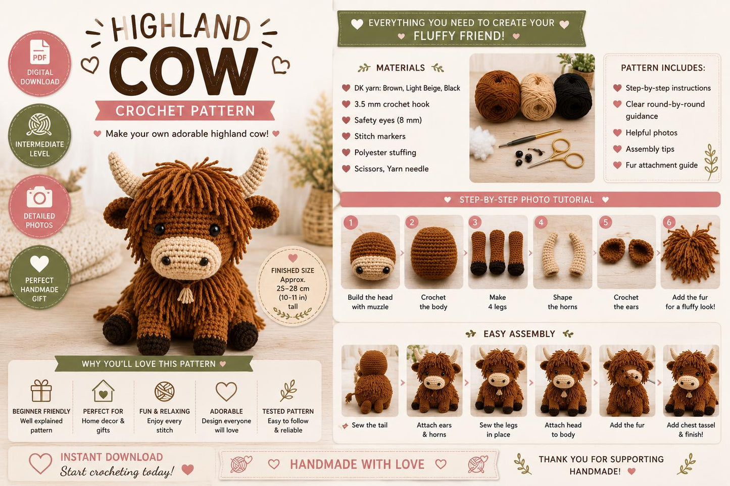 Highland Cow Crochet Pattern PDF | Amigurumi Farm Animal Toy (Digital Download)