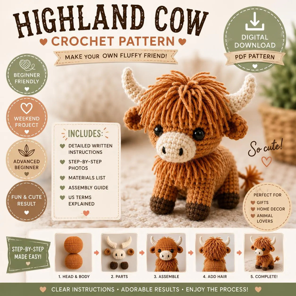 Highland Cow Crochet Pattern | Fluffy Amigurumi Farm Animal Toy (PDF Download)