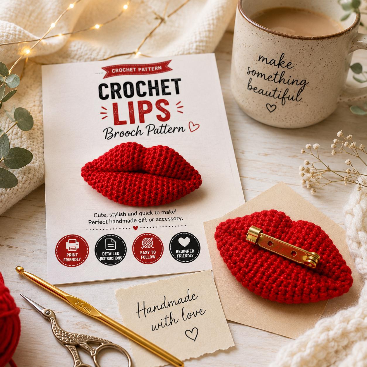 Crochet Lips Brooch Pattern | Beginner Friendly Amigurumi Lip Pin Tutorial (PDF Download)