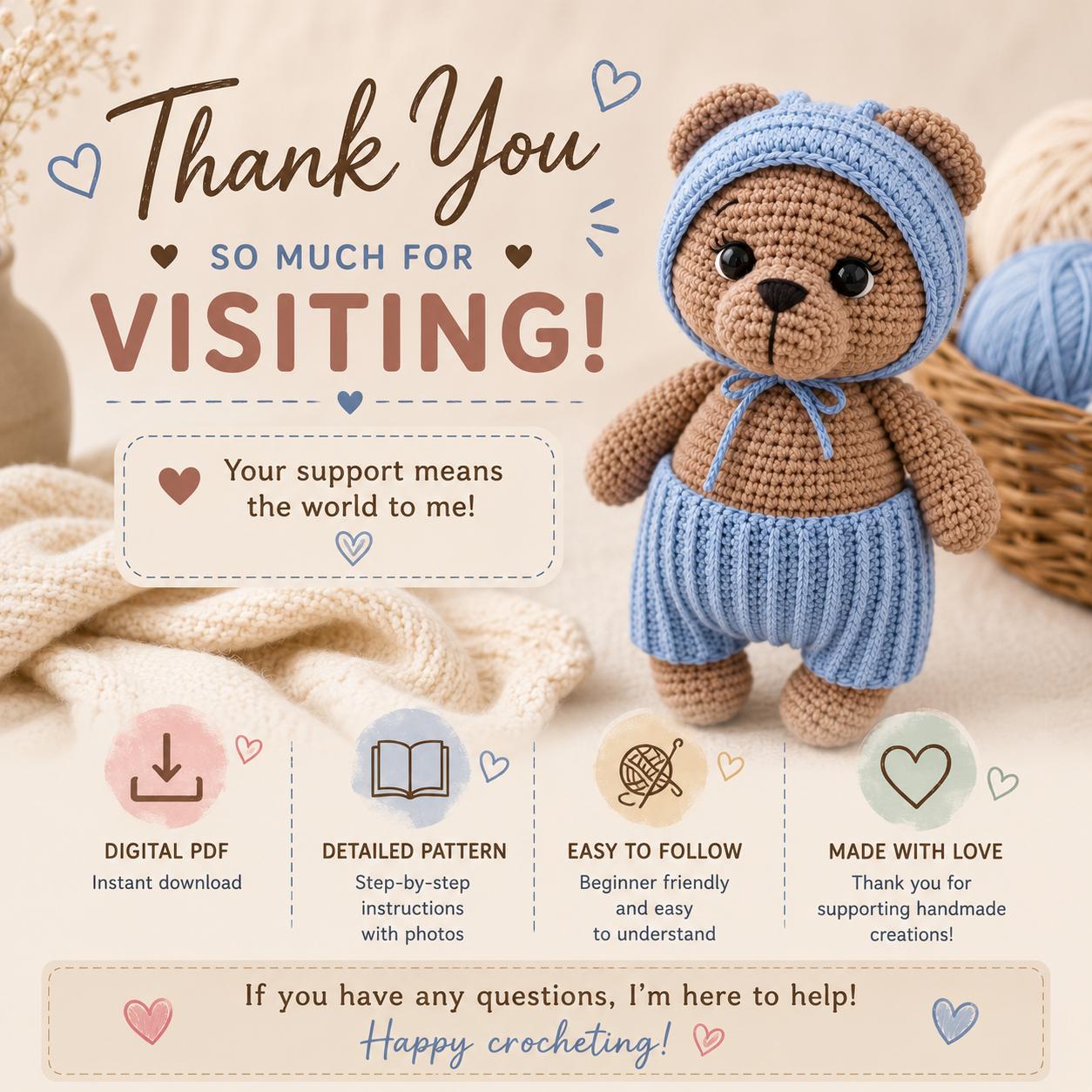 Crochet Bear in Hat Pattern (Digital Download)