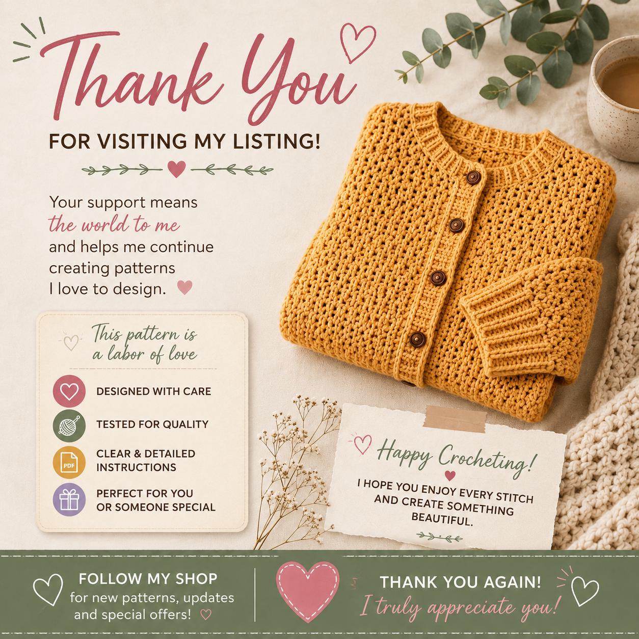 Adult Crochet Crew Neck Cardigan Pattern, Sizes XS to 5XL (Digital Download)