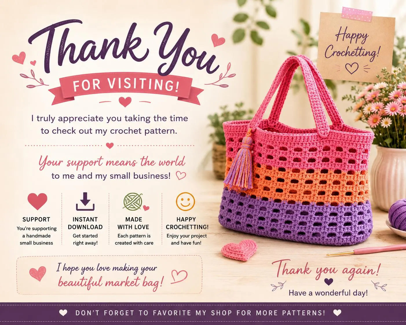 Crochet Market Bag Pattern, Beginner Tote Tutorial (Digital Download)