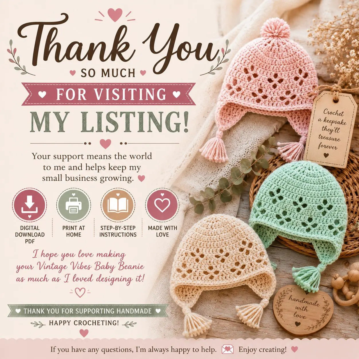 Vintage Vibes Baby Beanie Crochet Pattern PDF, Baby Hat Crochet Pattern, Newborn Beanie Preemie Hat Pattern, Earflap Beanie Instant Download
