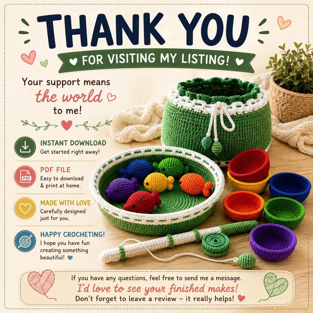 Crochet Fishing Set Pattern PDF, Baby Fishing Toy Crochet Pattern, Montessori, Rainbow Fish Play Set, Stacking Bowls, Interactive Baby Toy.