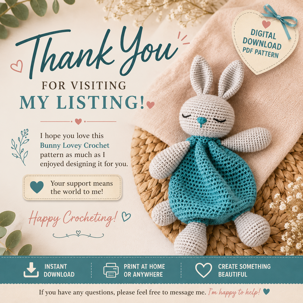 Bunny Lovey Crochet Pattern PDF | Crochet Bunny Comforter | (Digital Download)