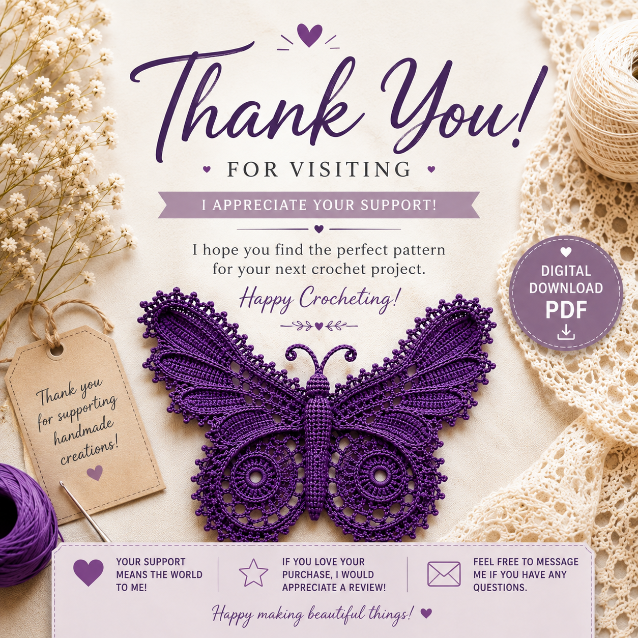 Butterfly Crochet Pattern PDF | Irish Lace Butterfly Motif | (Digital Download Pattern)