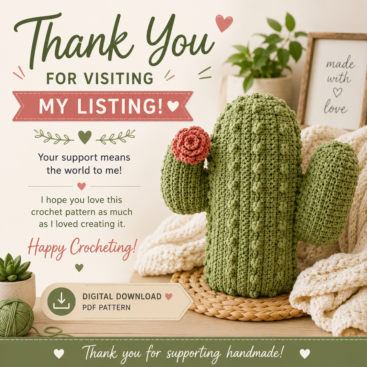 Crochet Cactus Pillow Pattern (Digital Download)