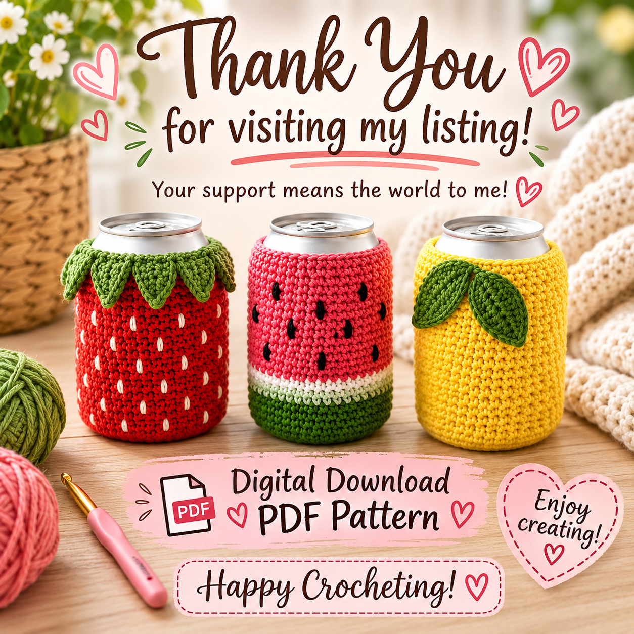 Fruit Snack Coozie Pack Crochet Pattern | Strawberry, Watermelon & Lemon | (Digital Download)