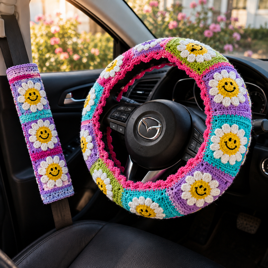 Smiley Face Steering Wheel Cover Crochet Pattern + Seat Belt Cover (Digital Download)