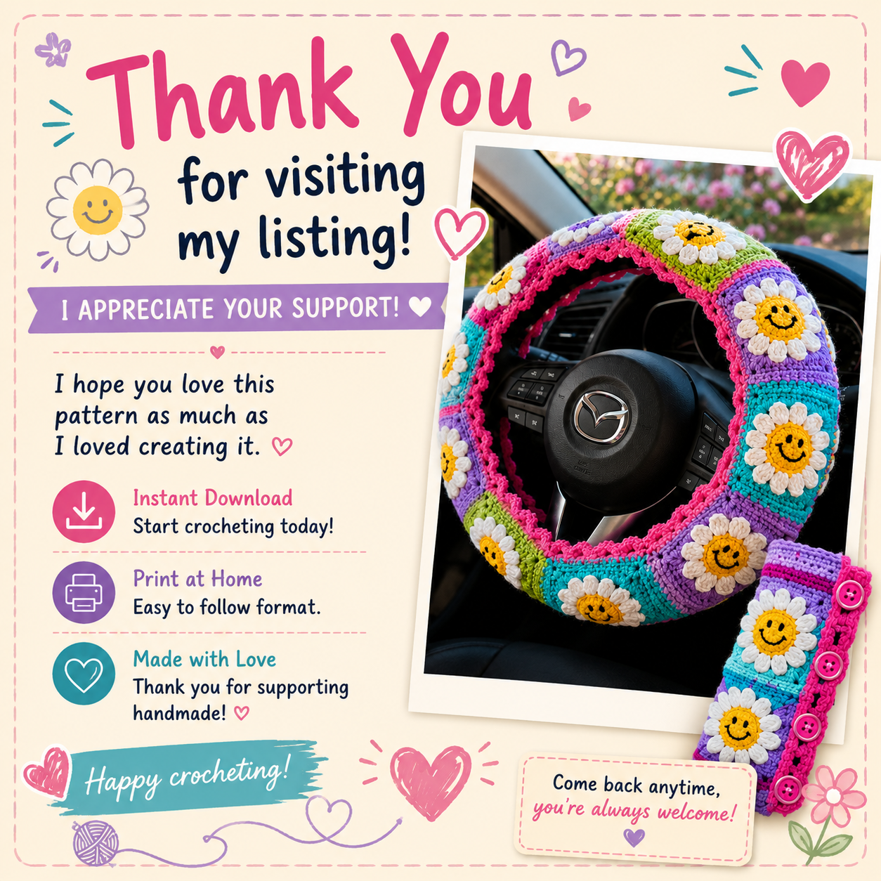 Smiley Face Steering Wheel Cover Crochet Pattern + Seat Belt Cover (Digital Download)