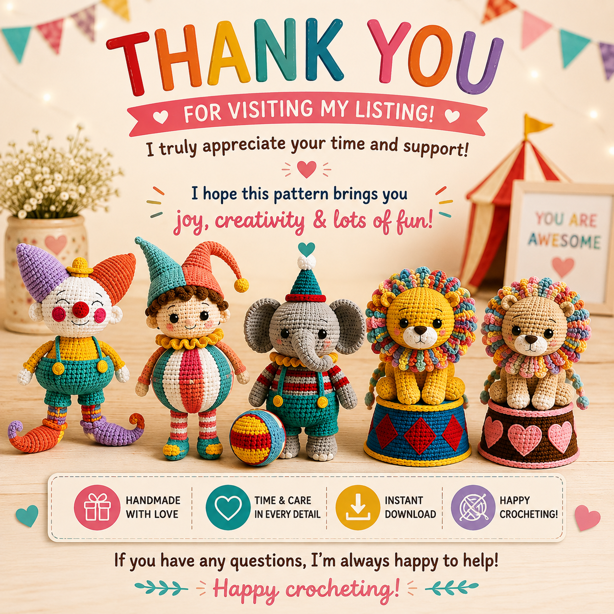 Circus Crochet Pattern Bundle PDF | Clown, Elephant, Lion & Hot Air Balloon (Digital Download)