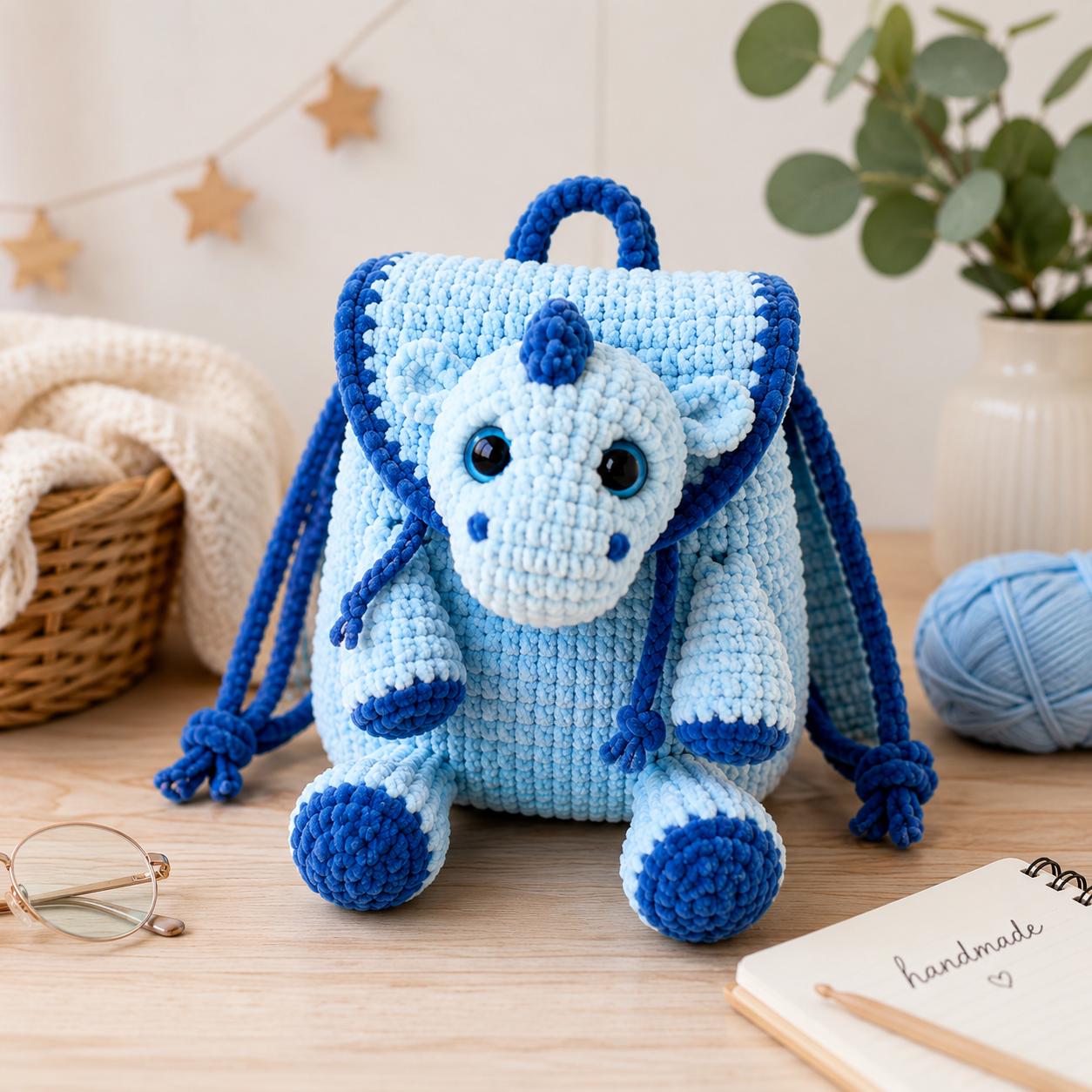 Plush Backpack Dragon Crochet Pattern PDF, Dragon Backpack Amigurumi Tutorial, Cute Kids Backpack Pattern, Velvet Crochet Bag.