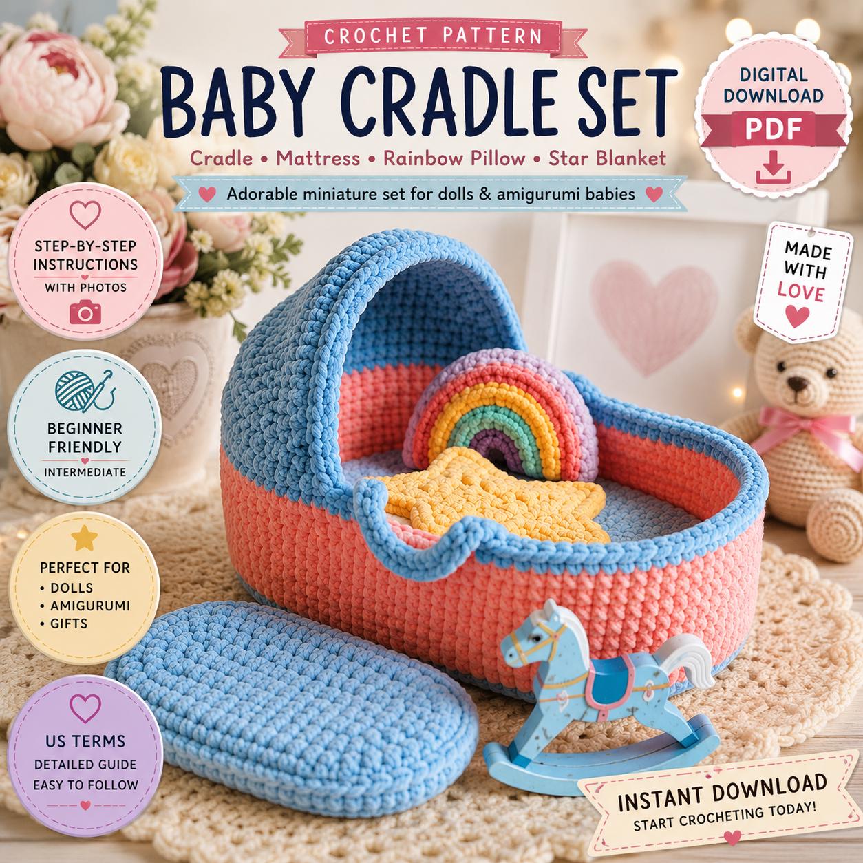 Baby Cradle Crochet Pattern PDF, Doll Bassinet Crochet Pattern, Amigurumi Baby Basket, Mini Cradle with Mattress Pillow Blanke.