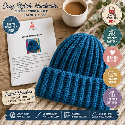 Winter Is Coming Beanie Crochet Pattern PDF, Beginner Ribbed Beanie Pattern, Knit Look Crochet Hat, Easy Winter Hat Tutorial.
