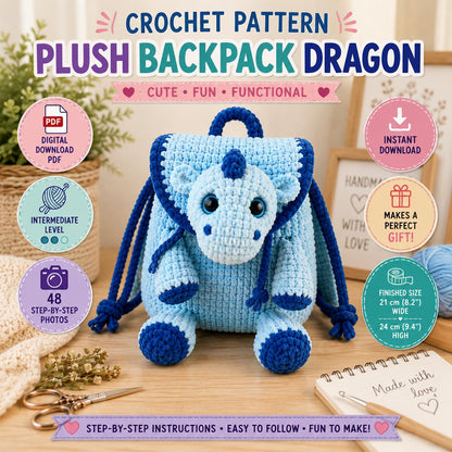 Plush Backpack Dragon Crochet Pattern PDF, Dragon Backpack Amigurumi Tutorial, Cute Kids Backpack Pattern, Velvet Crochet Bag.