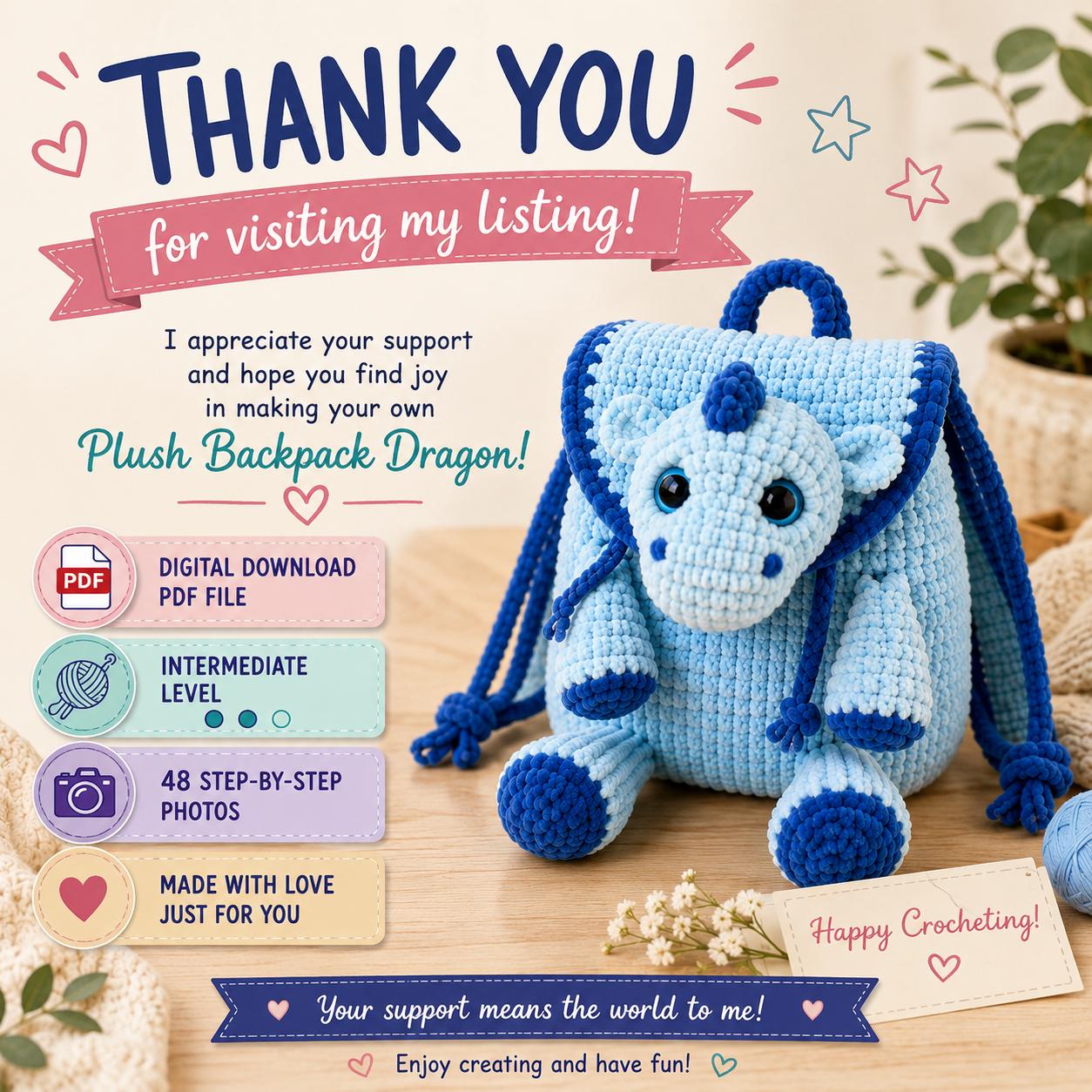 Plush Backpack Dragon Crochet Pattern PDF, Dragon Backpack Amigurumi Tutorial, Cute Kids Backpack Pattern, Velvet Crochet Bag.