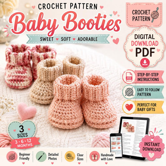 Baby Booties Crochet Pattern (Digital Download) 3 6 12 Months