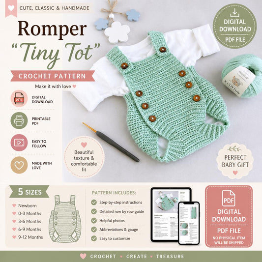 Tiny Tot Baby Romper Crochet Pattern (Digital Download) Outfit Sizes Newborn to 12 Month