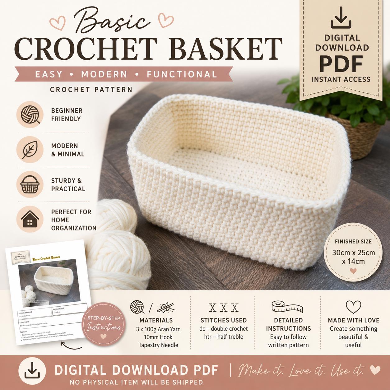 Basic Crochet Basket Pattern PDF, Rectangular Storage Basket Crochet Pattern, Beginner Basket Tutorial, Home Organizer Basket.