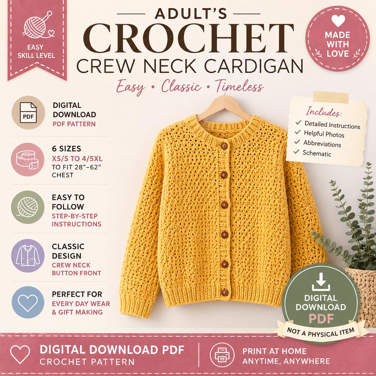 Adult Crochet Crew Neck Cardigan Pattern, Sizes XS to 5XL (Digital Download)