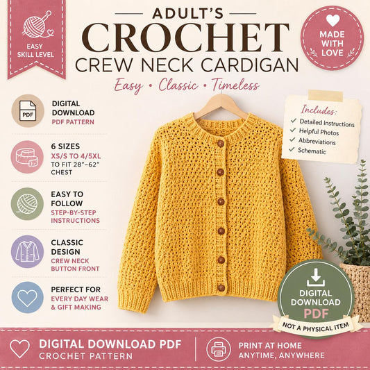 Adult Crochet Crew Neck Cardigan Pattern, Sizes XS to 5XL (Digital Download)