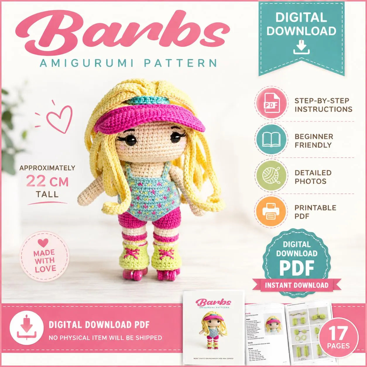 Roller Skating Doll Crochet Pattern PDF, Cute Fashion Doll Amigurumi, Digital Download, Crochet Doll Tutorial, DIY Handmade Gift Pattern