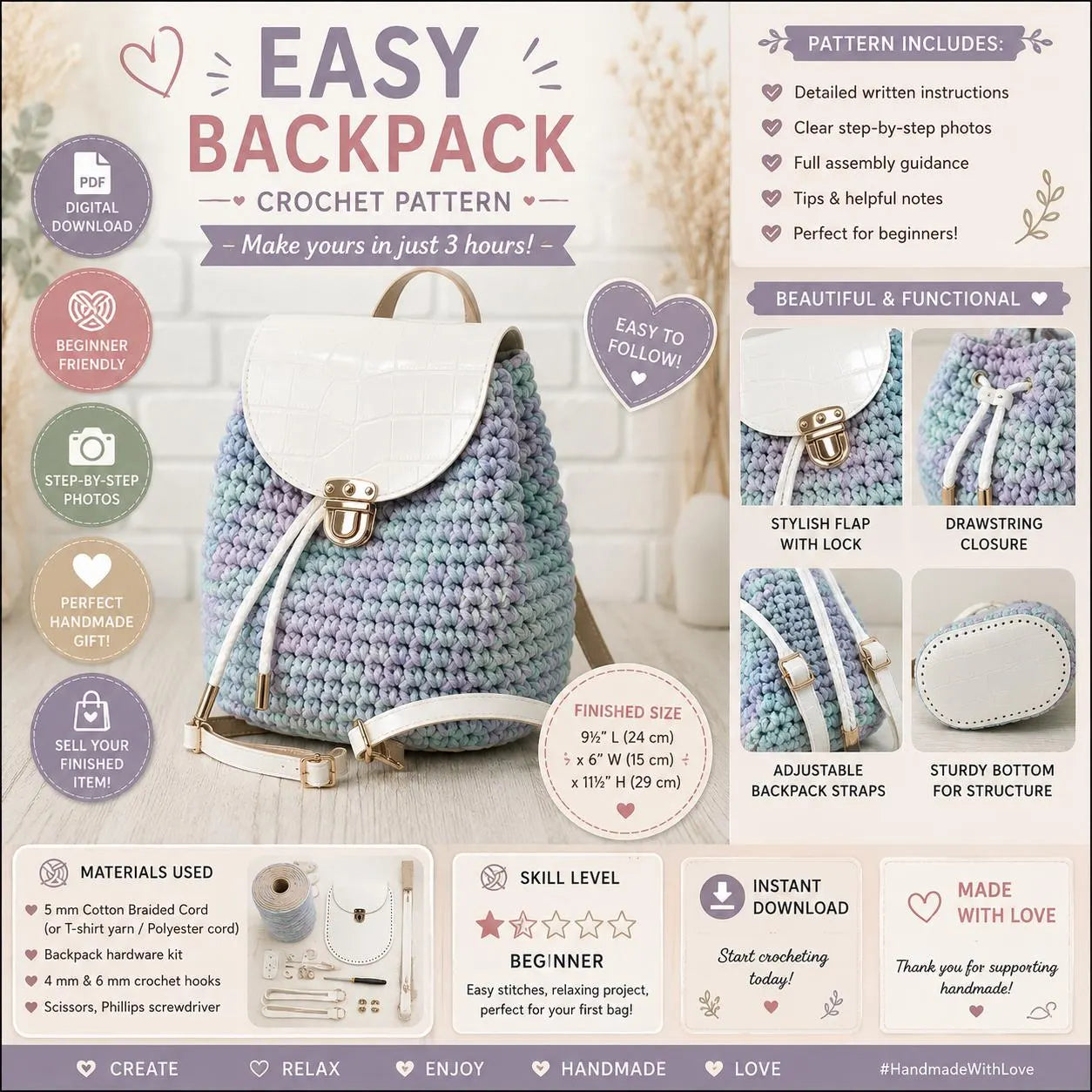 Easy Crochet Backpack Pattern, Chunky Tote Bag, (Digital Download)