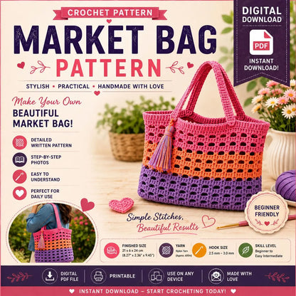 Crochet Market Bag Pattern, Beginner Tote Tutorial (Digital Download)