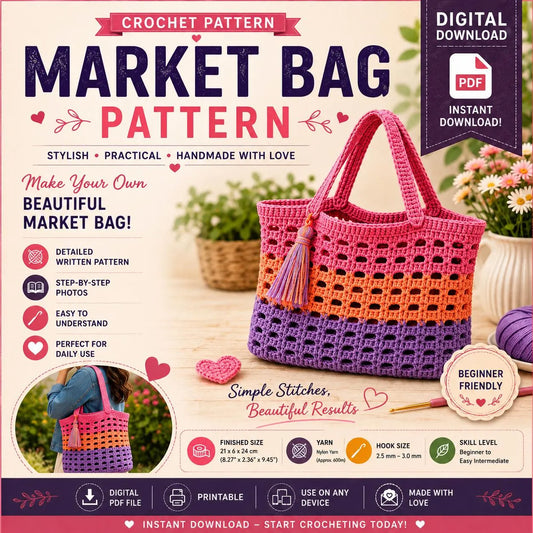 Crochet Market Bag Pattern, Beginner Tote Tutorial (Digital Download)