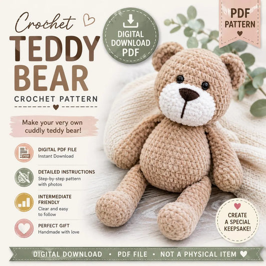 Crochet Teddy Bear Pattern, Amigurumi Plush Toy Tutorial (Digital Download)