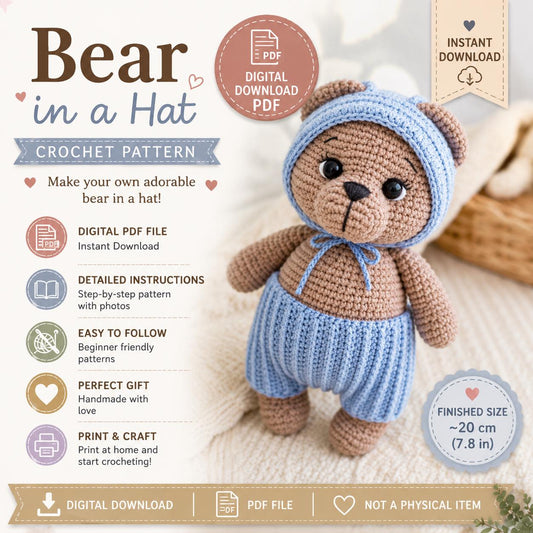 Crochet Bear in Hat Pattern (Digital Download)