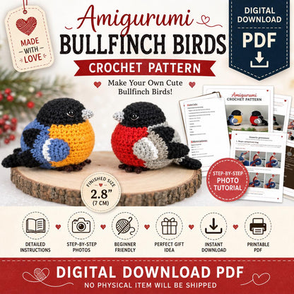 Bullfinch Birds Crochet Pattern PDF, Amigurumi Bird Pattern, Christmas Bird Ornament, Mini Bird Plush, Digital Download.