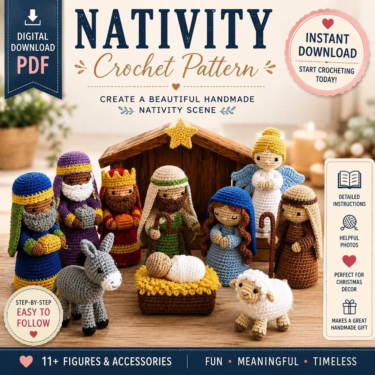 Crochet Nativity Scene Pattern Bundle PDF  Amigurumi Christmas Set Mary Joseph Baby Jesus Wise Men Angel Shepherd Animals | Digital Download