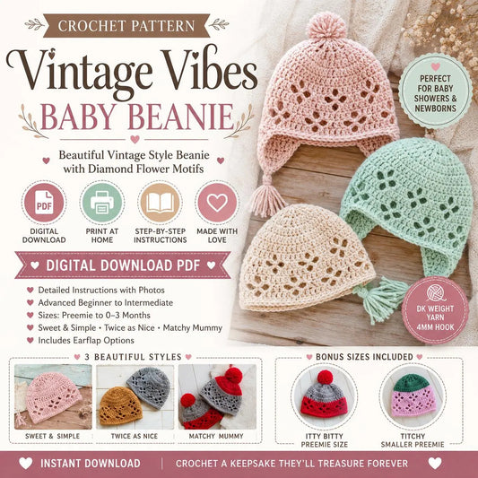 Vintage Vibes Baby Beanie Crochet Pattern (Digital Download)