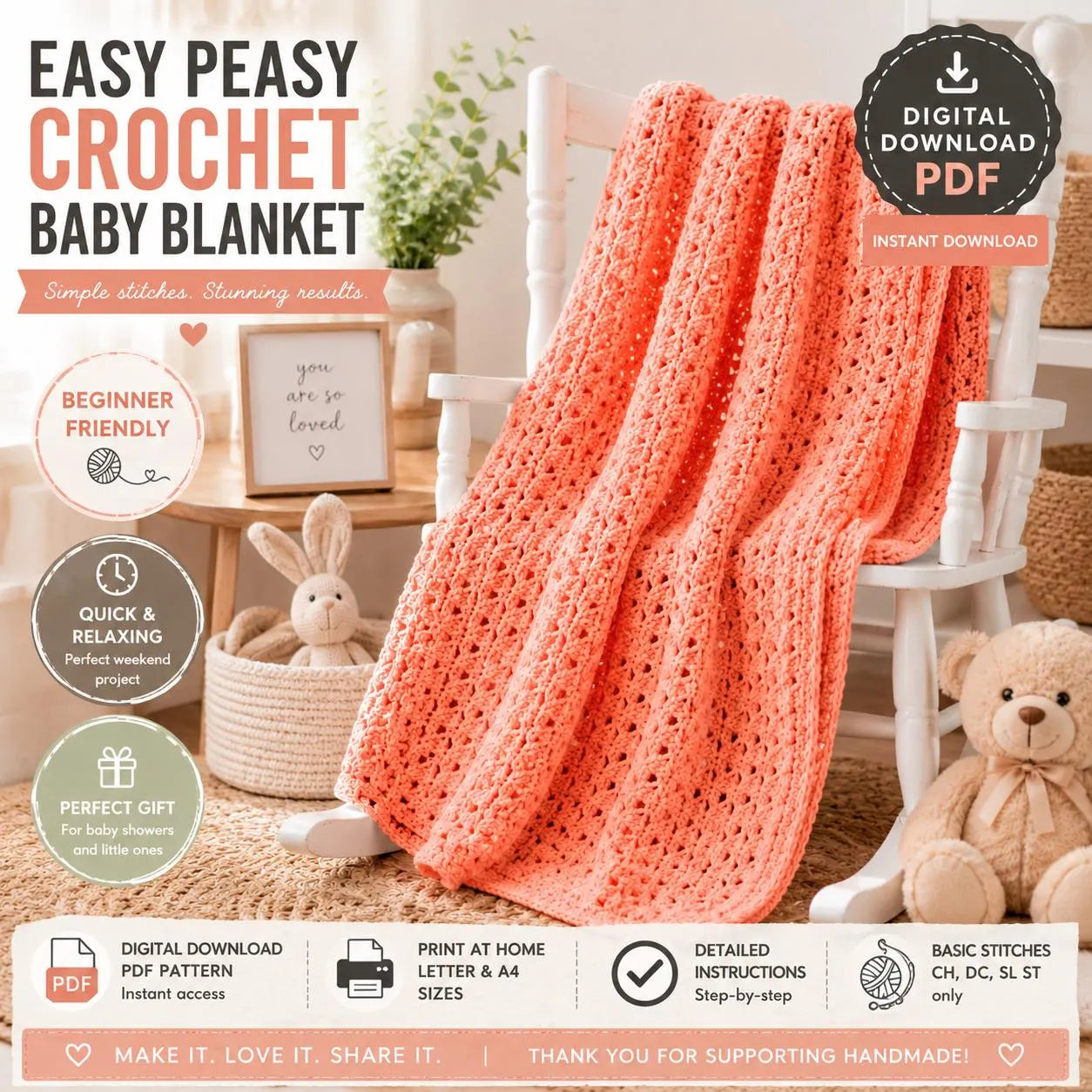 Easy Peasy Crochet Baby Blanket Pattern (Digital Download)