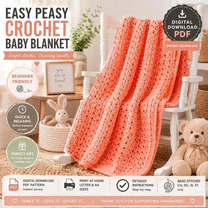 Easy Peasy Crochet Baby Blanket Pattern (Digital Download)