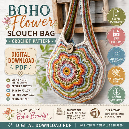Boho Flower Slouch Bag Crochet Pattern (Digital Download)