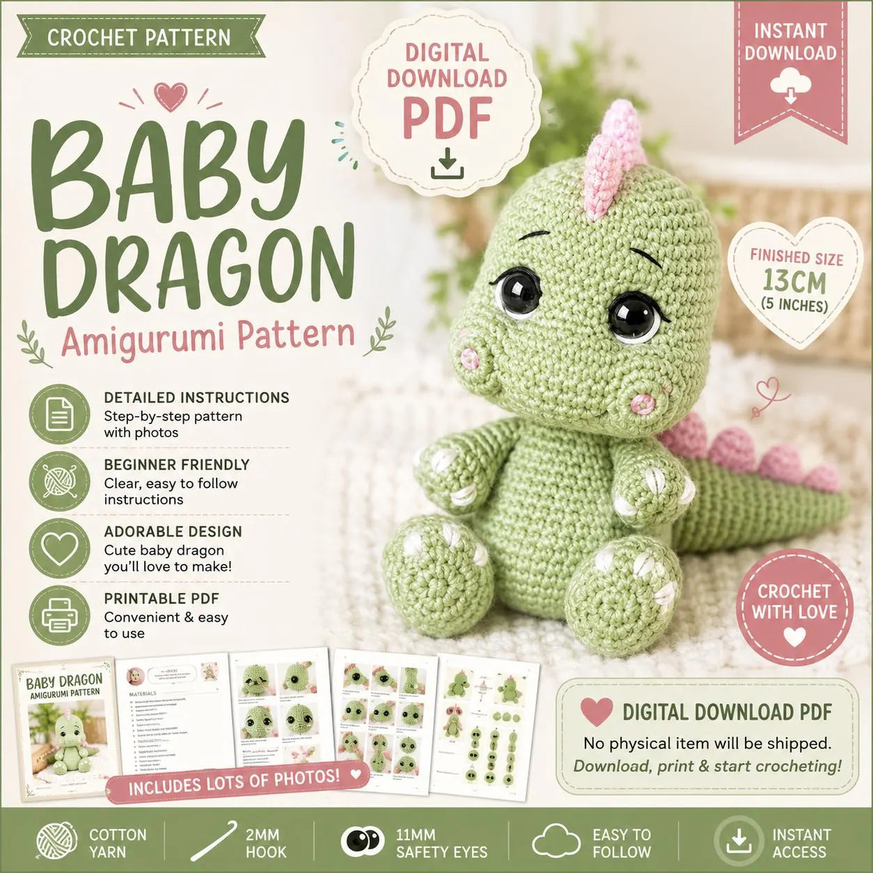 Baby Dragon Amigurumi Crochet Pattern (Digital Download)