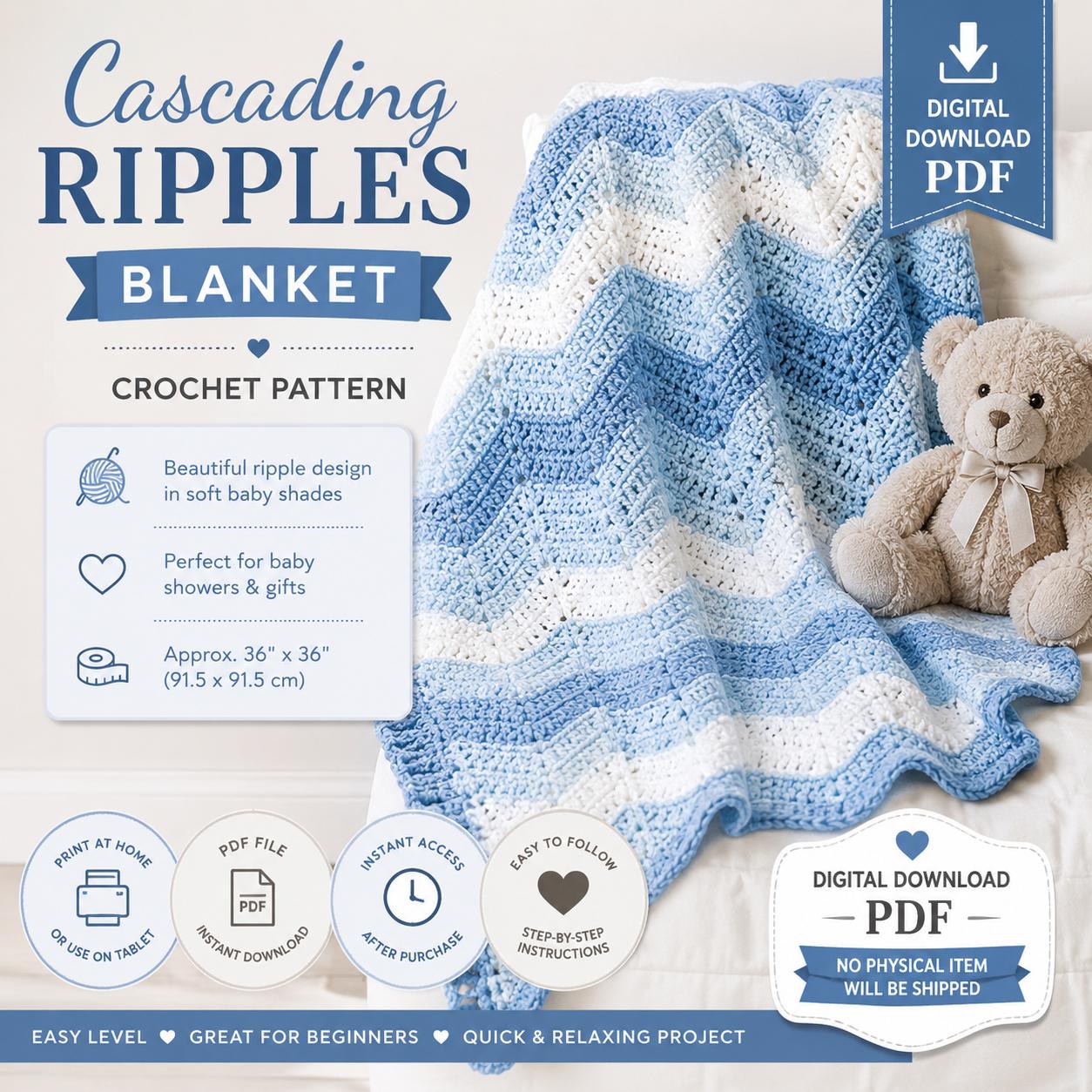 Cascading Ripples Baby Blanket Crochet Pattern PDF | Easy Ripple Blanket | Baby Afghan Pattern | Digital Download | DIY Crochet Blanket