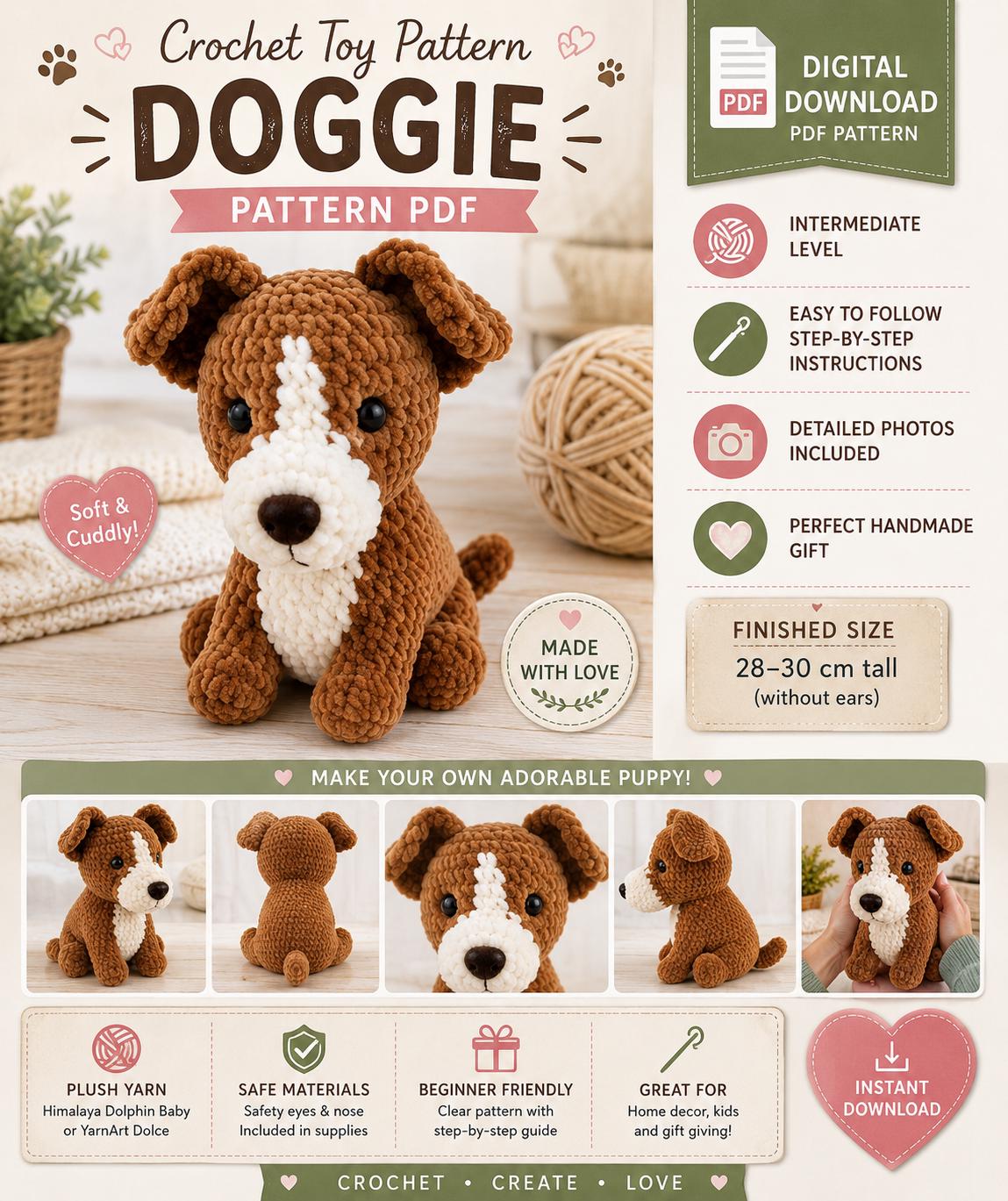 Crochet Dog Pattern PDF | Amigurumi Puppy Toy (Digital Download)