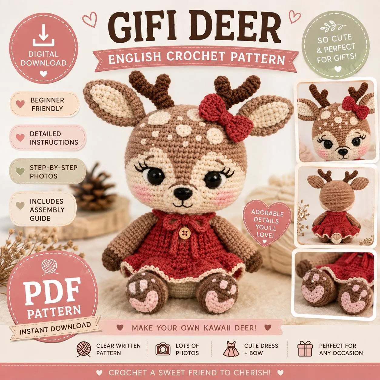 Gifi Deer Crochet Pattern | Kawaii Woodland Amigurumi Toy (Digital Download)