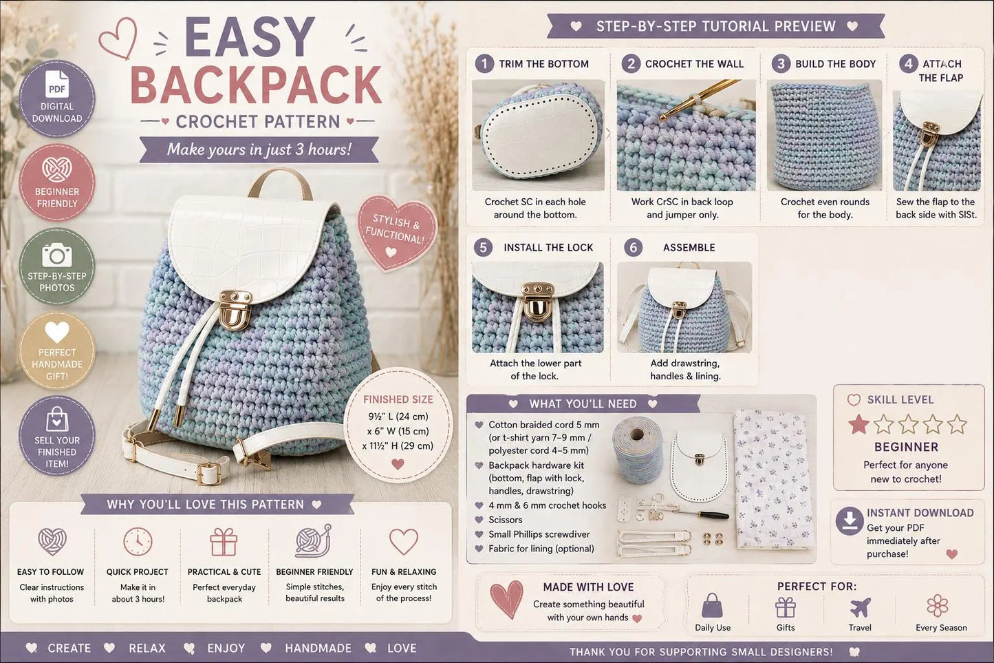 Easy Crochet Backpack Pattern, Chunky Tote Bag, (Digital Download)