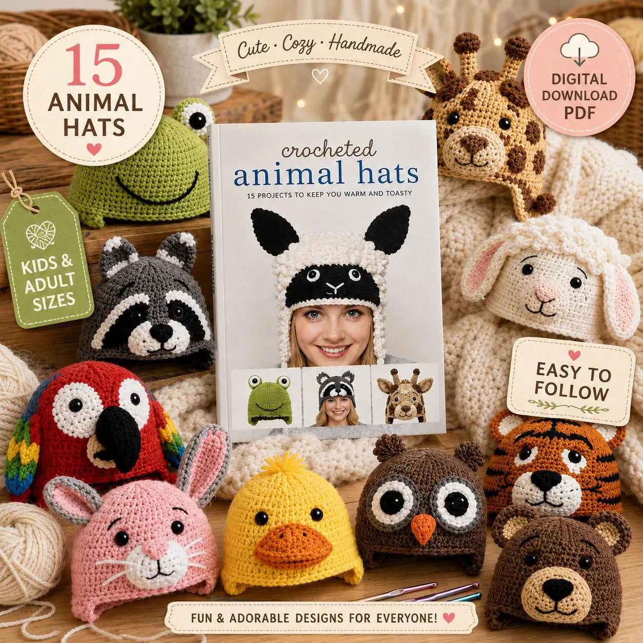 Crochet Animal Hats Pattern PDF 15 Animal Hat Crochet Patterns, Kids Adult Winter Hat Pattern Frog Sheep Tiger Bear Giraffe Digital Download