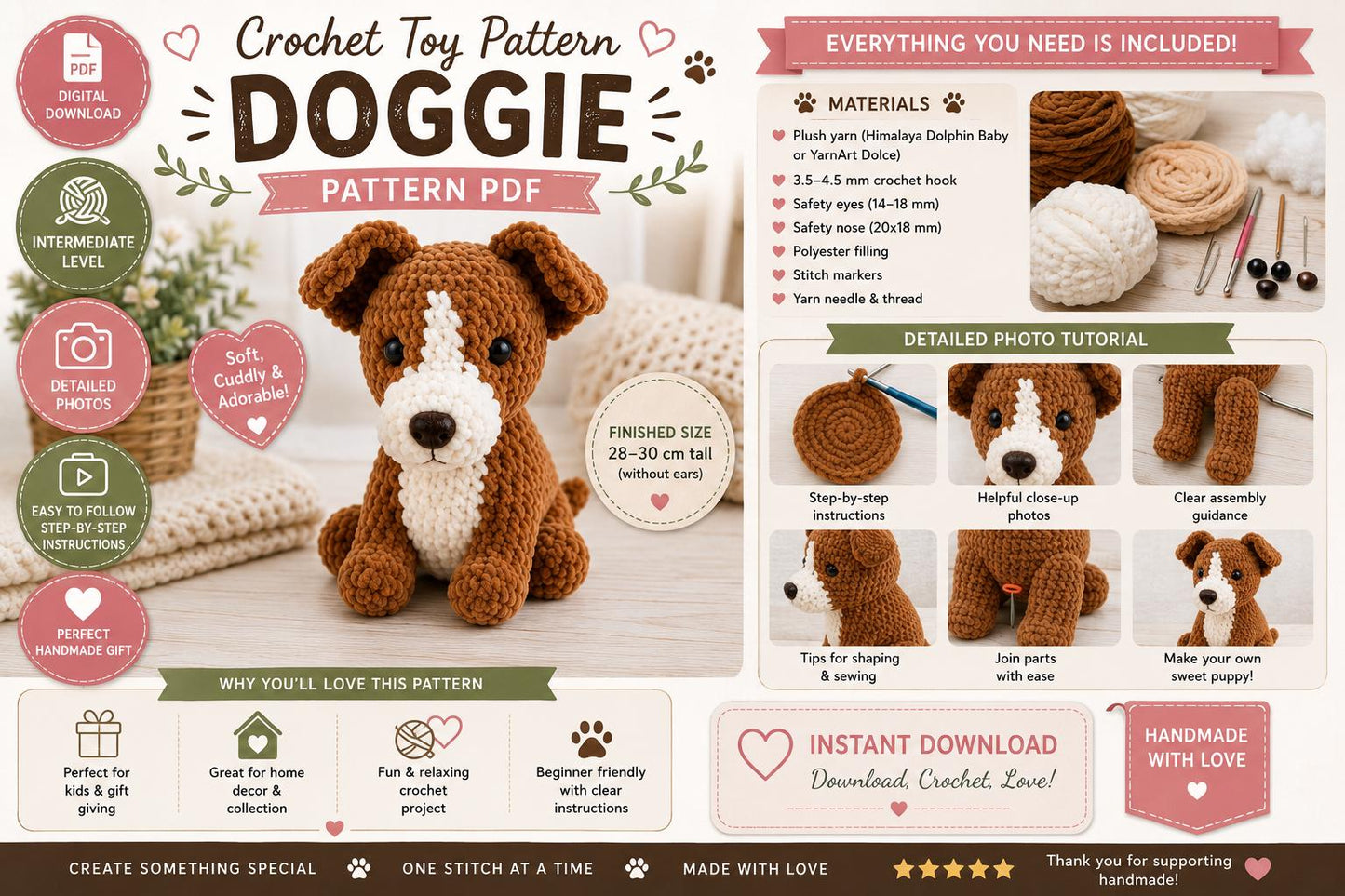 Crochet Dog Pattern PDF | Amigurumi Puppy Toy (Digital Download)