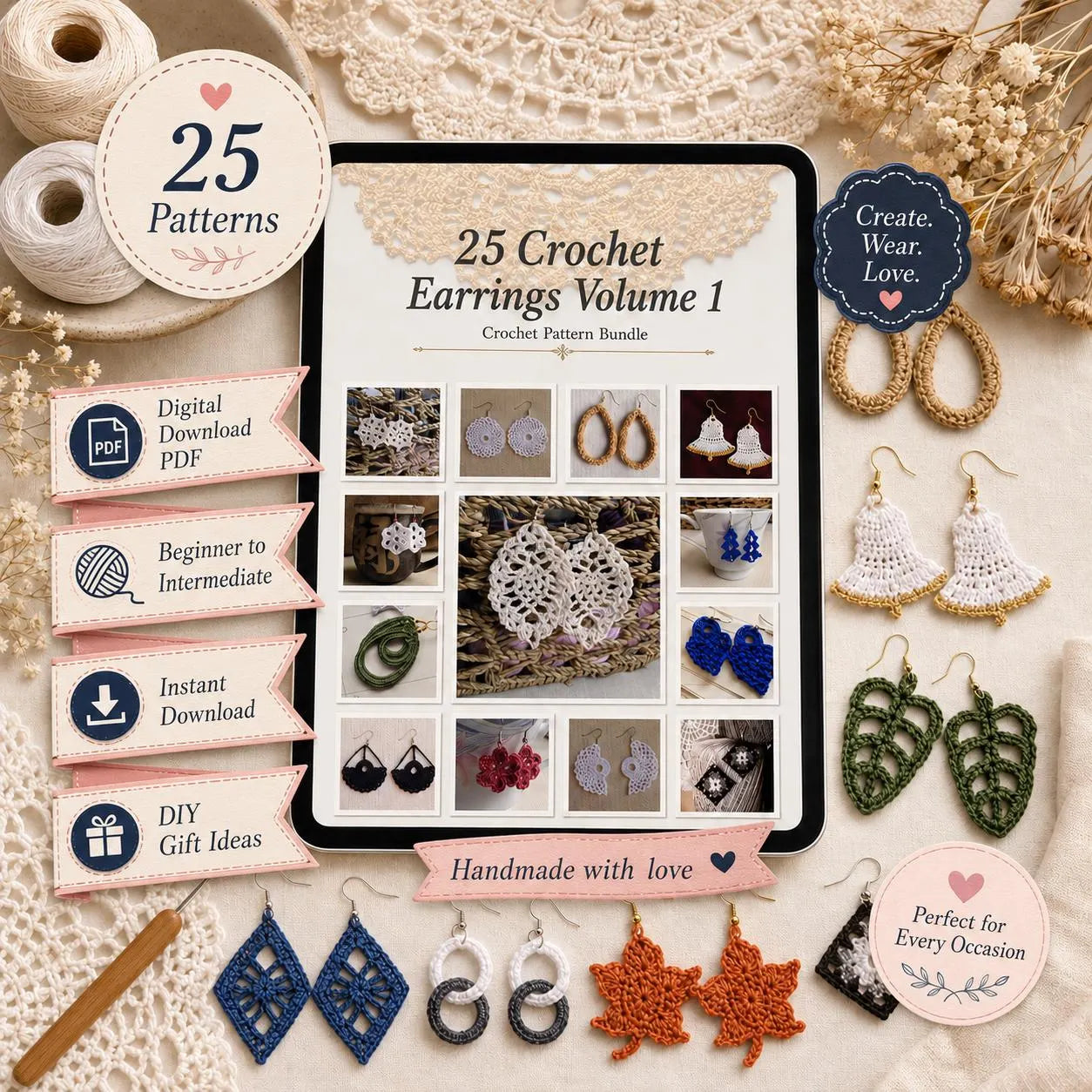 25 Crochet Earrings Pattern Bundle volume-1 (Digital Download)