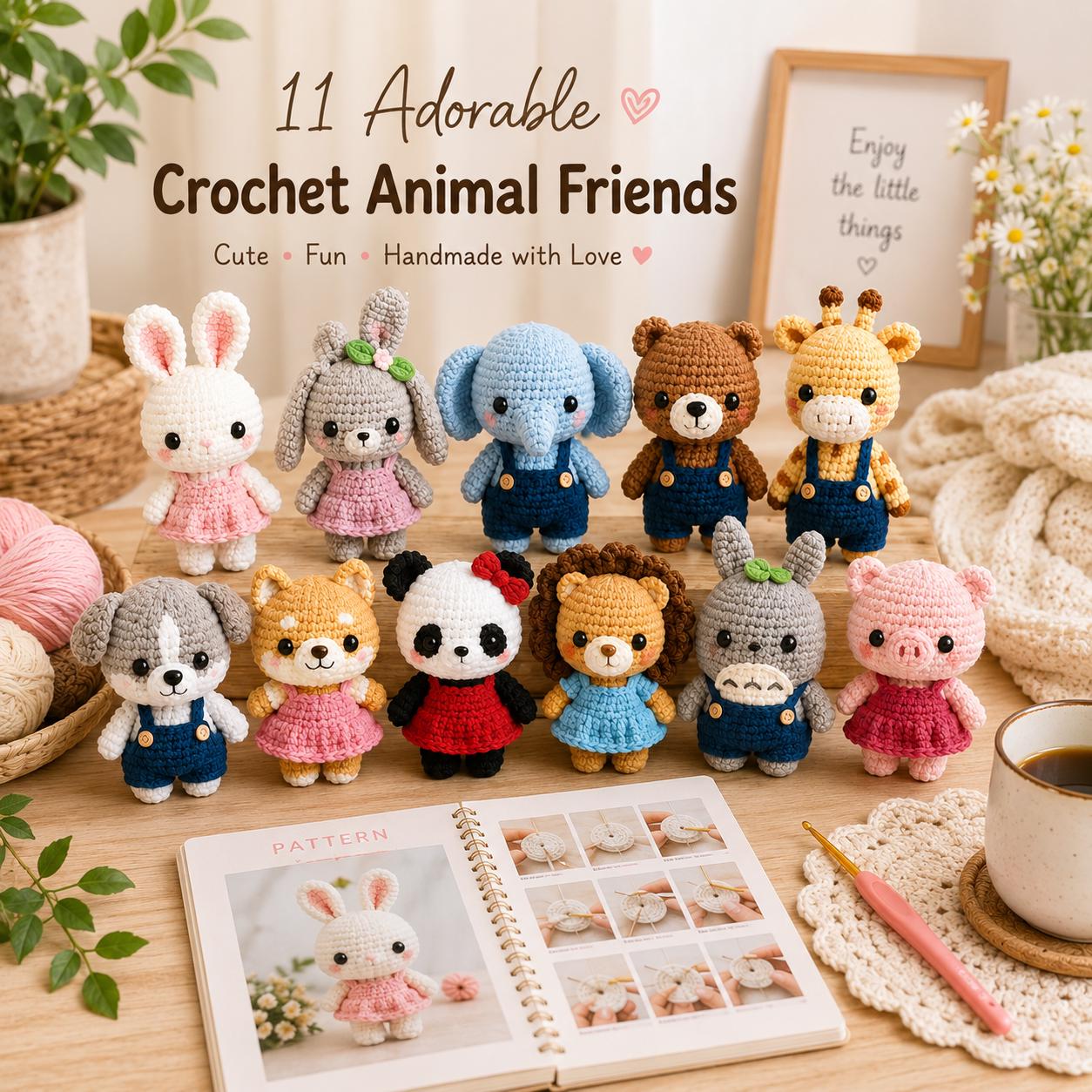 11 Animal Dolls Crochet Pattern Bundle PDF, Amigurumi Animal Collection, Rabbit Elephant Bear Giraffe Dog Panda Lion Pig, Cute Crochet Toys