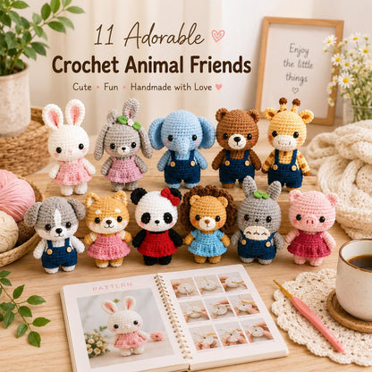 11 Animal Dolls Crochet Pattern Bundle PDF, Amigurumi Animal Collection, Rabbit Elephant Bear Giraffe Dog Panda Lion Pig, Cute Crochet Toys
