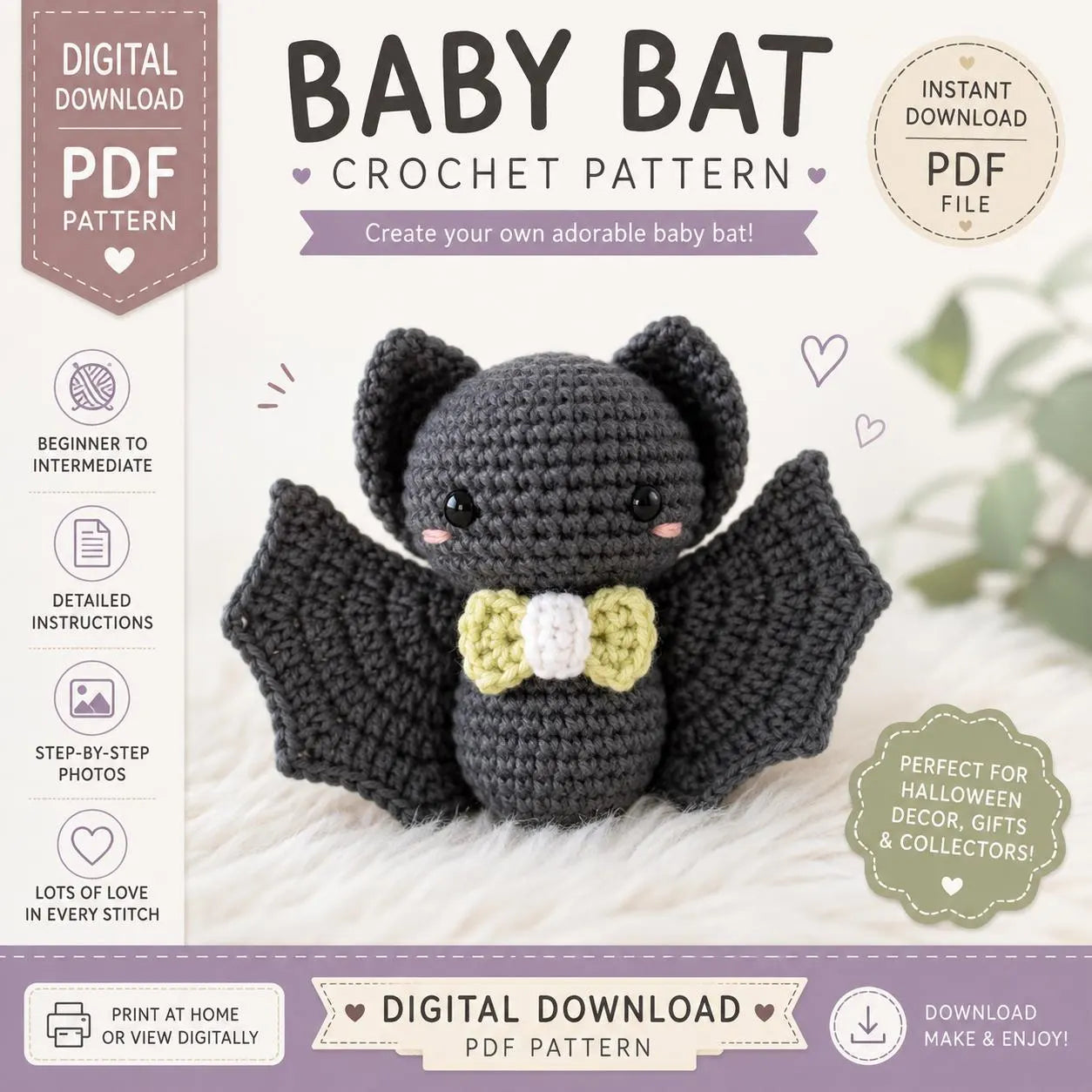 Baby Bat Crochet Pattern PDF, Cute Amigurumi Bat, Halloween Crochet Toy, Digital Download, Kawaii Bat Plush, DIY Crochet Gift