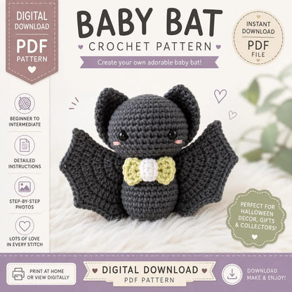 Baby Bat Crochet Pattern PDF, Cute Amigurumi Bat, Halloween Crochet Toy, Digital Download, Kawaii Bat Plush, DIY Crochet Gift